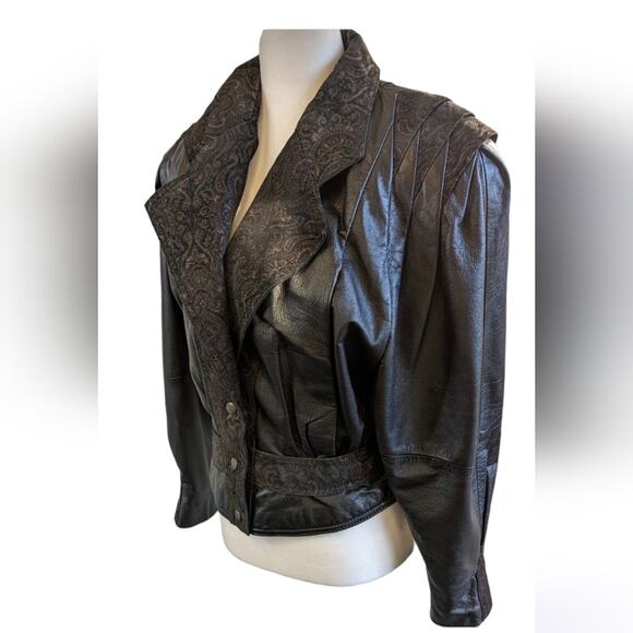 Vintage G III black leather paisley late 80's 90's fitted jacket coat sz medium - Picture 2 of 12